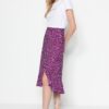 Trendyol Purple Printed High Waist Midi Stretchy Knitted Skirt with Gather Detail and Flounce