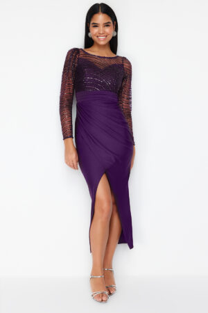 Trendyol Purple Sequin Knitted Tulle Long Elegant Evening Dress