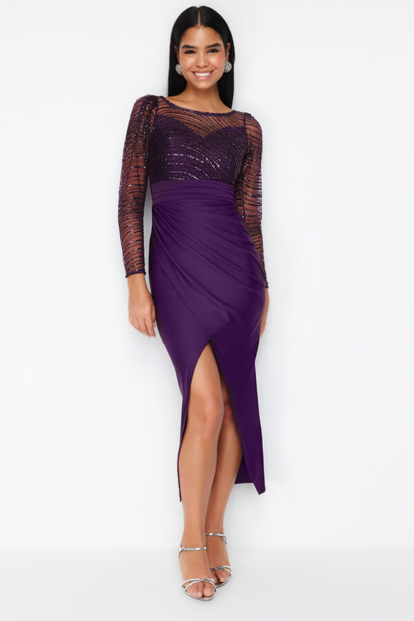 Trendyol Purple Sequin Knitted Tulle Long Elegant Evening Dress
