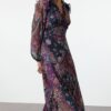 Trendyol Purple Shawl Pattern Waist Opening Ruffle Maxi Lined Woven Dress