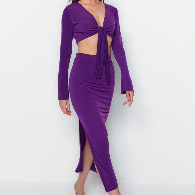 Trendyol Purple Tie Detailed Super Crop and Midi Stretchy Knitted Bottom-Top Set