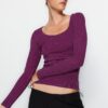 Trendyol Purple Vintage/Faded Effect Ribbed Pool Neck Fitted Cotton Stretch Knitted Blouse