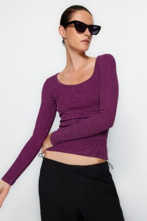 Trendyol Purple Vintage/Faded Effect Ribbed Pool Neck Fitted Cotton Stretch Knitted Blouse