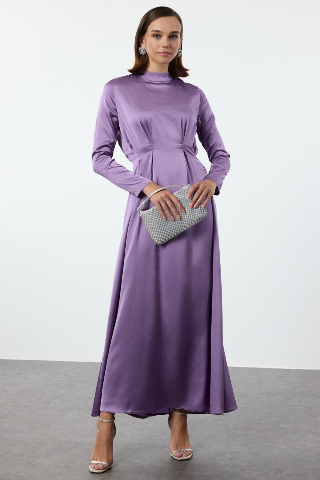 Trendyol Purple Waist Pleat Detailed Woven Satin Evening Dress