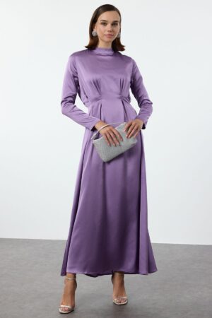 Trendyol Purple Waist Pleat Detailed Woven Satin Evening Dress