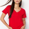 Trendyol Red 100% Cotton Basic V-Neck Knitted T-Shirt