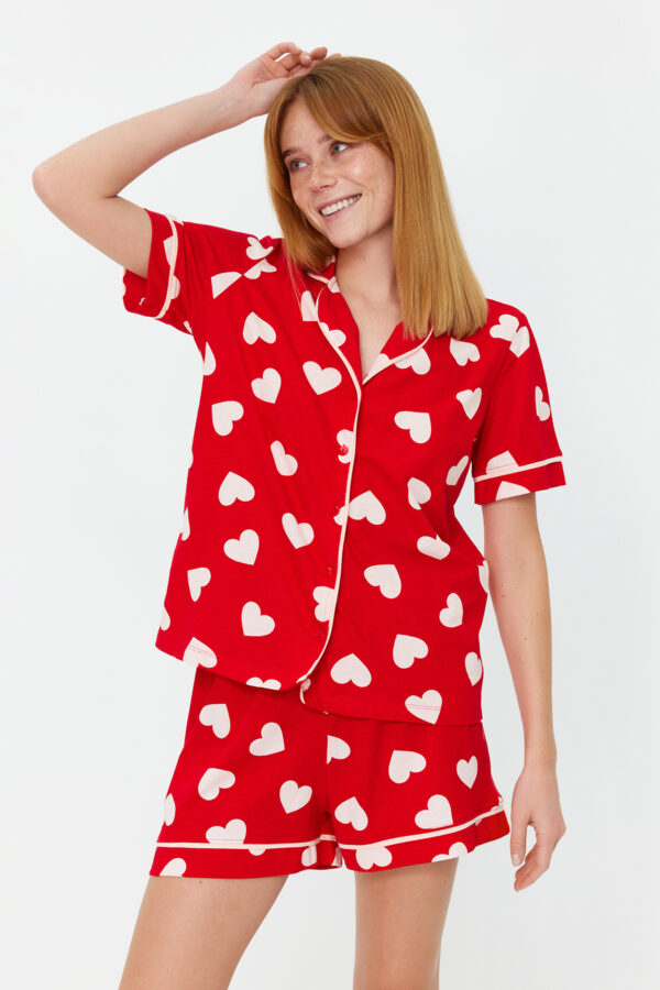 Trendyol Red 100% Cotton Heart Piping Detail Knitted Pajama Set with Shorts