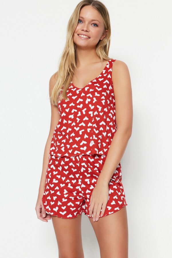 Trendyol Red 100% Cotton Heart Shorts Knitted Pajama Set