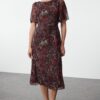 Trendyol Red Animal Patterned A-Line Angel Sleeve Lined Chiffon Midi Woven Dress