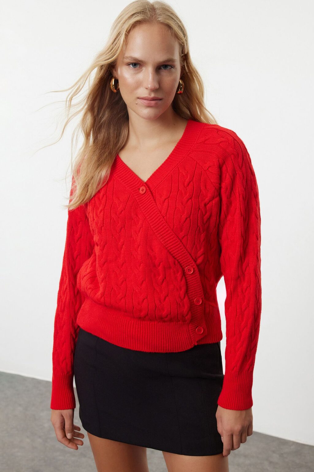 Trendyol Red Asymmetric Button Detailed Knitwear Cardigan