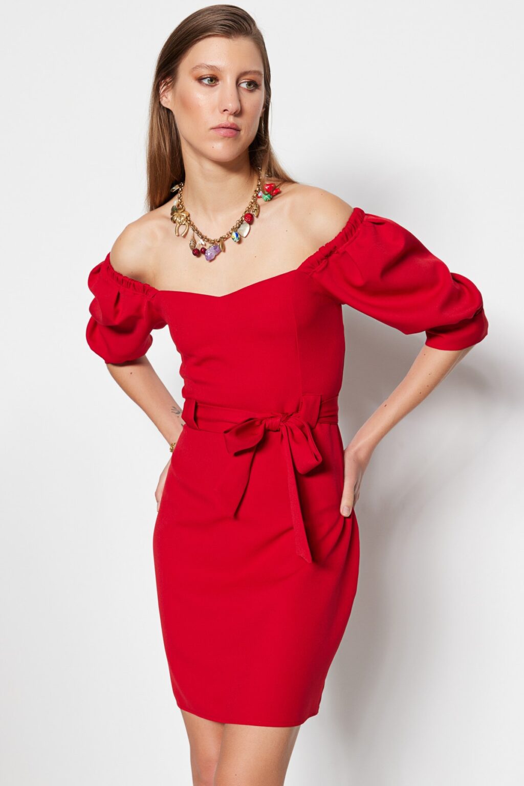 Trendyol Red Belted Mini szőtt Carmen gallér szőtt ruha