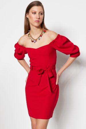 Trendyol Red Belted Mini szőtt Carmen gallér szőtt ruha