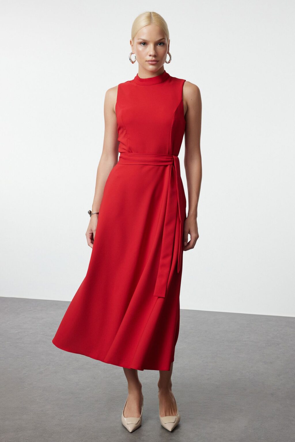 Trendyol Red Belted Waist Opening Stand Collar Midi Woven Dress