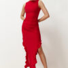 Trendyol Red Bodycone Slit Ruffle Detailed Flexible Thick Sandy Maxi Pencil Dress