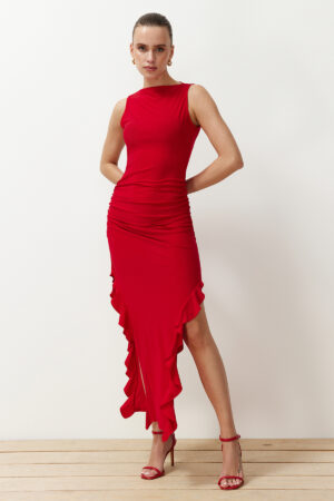Trendyol Red Bodycone Slit Ruffle Detailed Flexible Thick Sandy Maxi Pencil Dress
