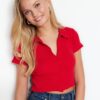 Trendyol Red Button Detail Fitted/Situated Crop Polo Neck Ribbed Stretch Knit Blouse
