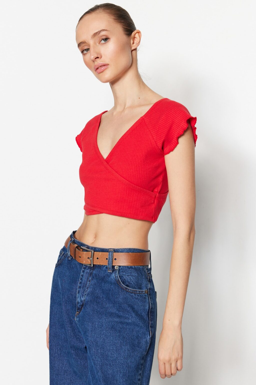 Trendyol Red Crop Corduroy Knitted Cotton Shirt