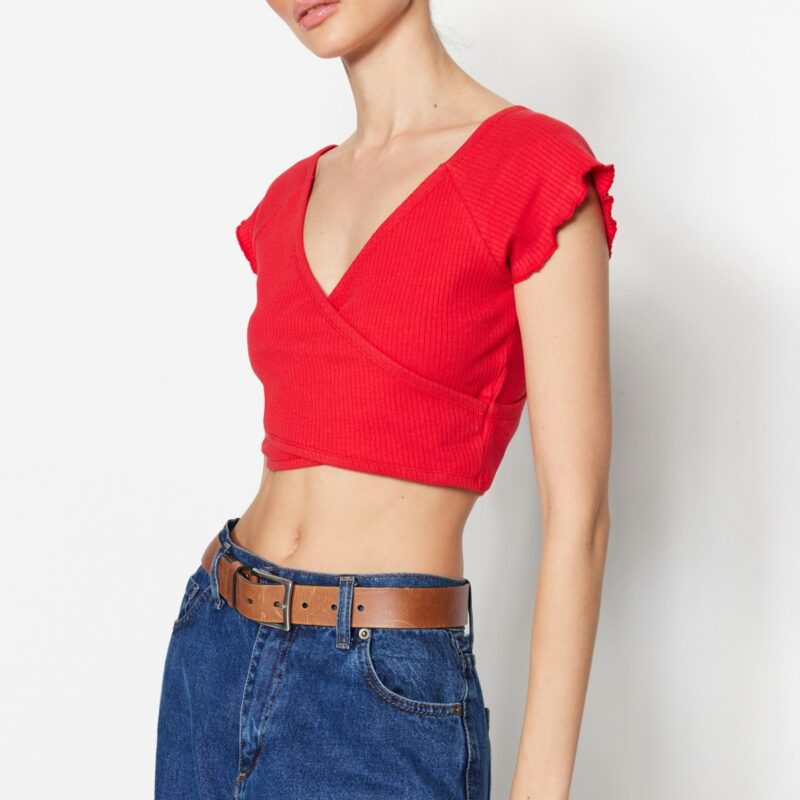 Trendyol Red Crop Corduroy Knitted Cotton Shirt