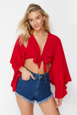 Trendyol Red Crop Woven Flounce Beach Blouse