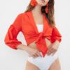 Trendyol Red Crop Woven Tied Beach Blouse