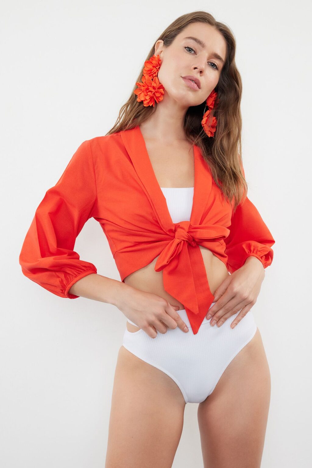 Trendyol Red Crop Woven Tied Beach Blouse