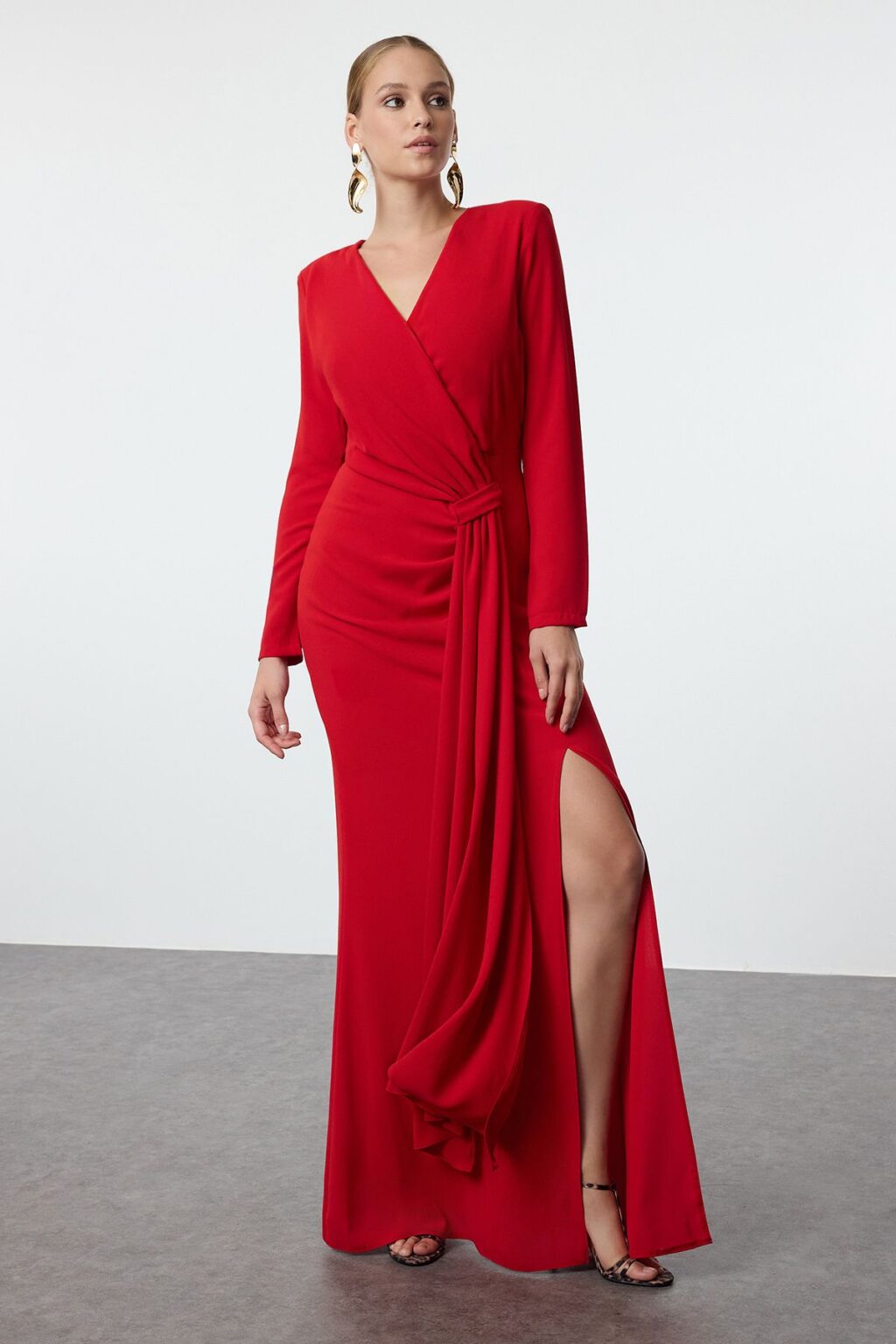 Trendyol Red Double Breasted Crepe Woven Long Elegant Evening Dress