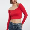 Trendyol Red Fitted Super Crop Carmen Collar Ribbed Stretch Knitted Blouse