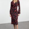 Trendyol Red Floral Patterned A-Line Tie Detailed V-Neck Midi Satin Woven Dress