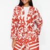 Trendyol Red Floral Patterned Kimono & Kaftan with Tie Detail and Pockets