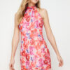 Trendyol Red Floral Print Straight Cut Halter Neck Mini Lined Chiffon Woven Dress