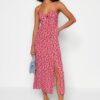 Trendyol Red Floral Print Straight Cut Tie Detailed Strappy Woven Dress