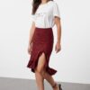 Trendyol Red Floral Ruffle Slit Flexible Midi Knitted Skirt