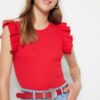 Trendyol Red Frill Detailed Corduroy Crew Neck Flexible Knitted Bodysuit