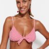 Trendyol Red Gingham Textured Triangle Tie Bikini Top
