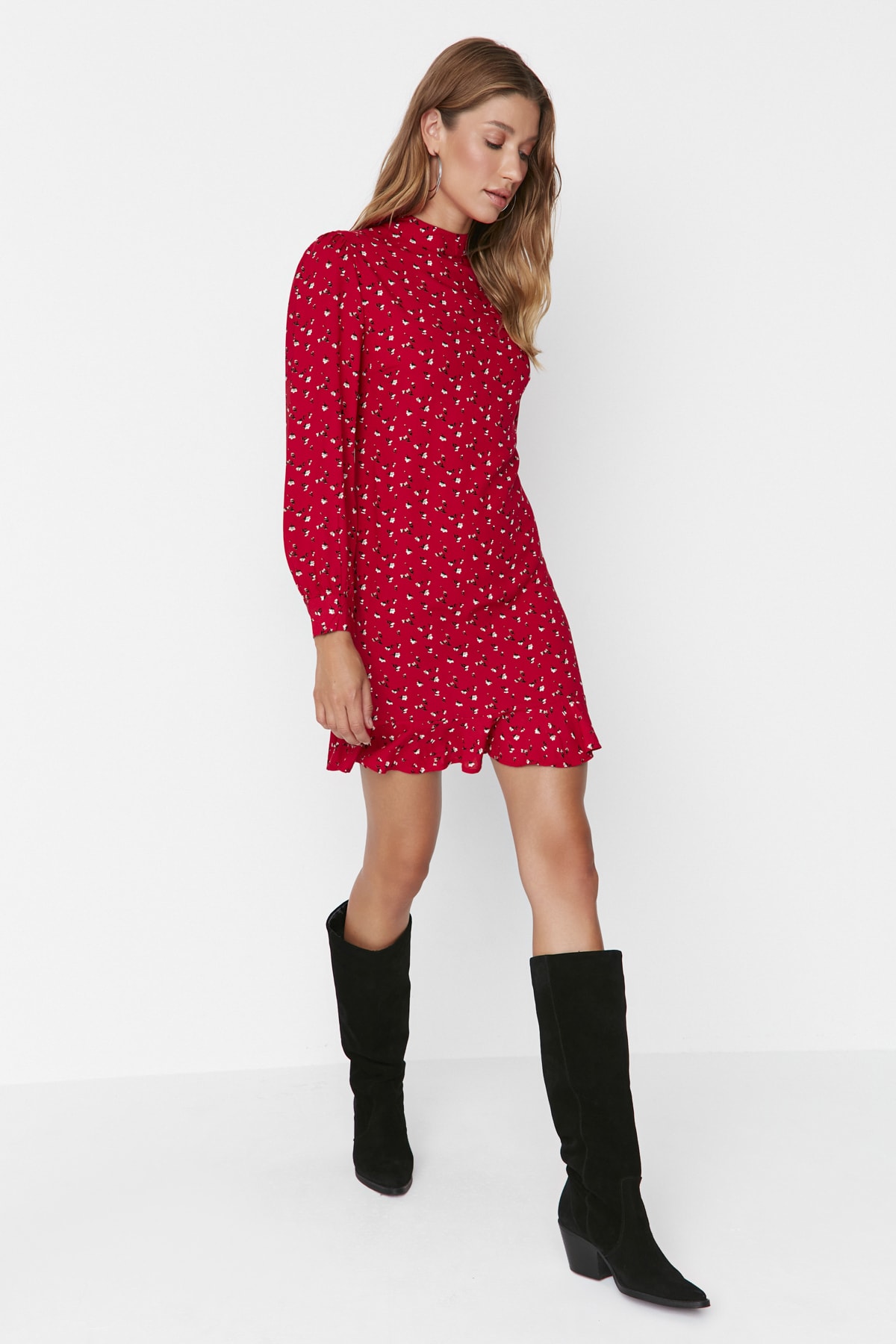 Trendyol Red High Neck Flounce Mini szőtt ruha