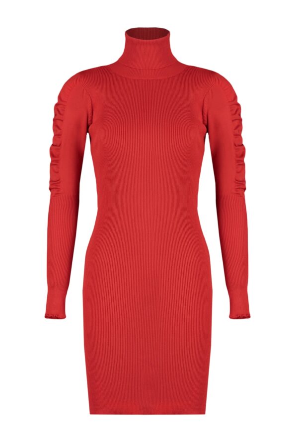 Trendyol Red Mini Knitwear Turtleneck Sleeve Shirring Detailed Dress