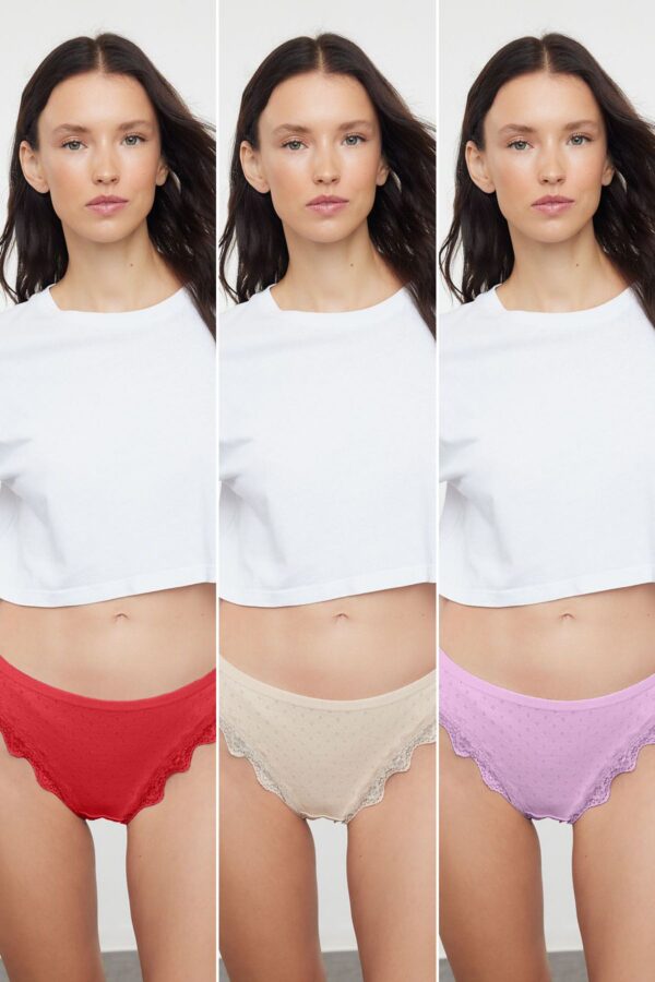 Trendyol Red-Multicolored 3-Pack Cotton Thong Knitted Panties
