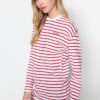 Trendyol Red Oversize Embroidered Detailed Knitted Striped Tunic