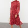 Trendyol Red Patterned Flounce Midi Woven Winter Dress