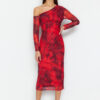 Trendyol Red Patterned Lined Fitted Asymmetrical Collar Flexible Knitted Midi Pencil Dress