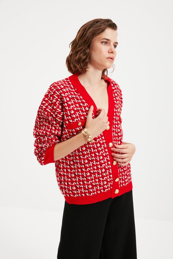 Trendyol Red Pocket Részletes Jacquard kötöttáru kardigán