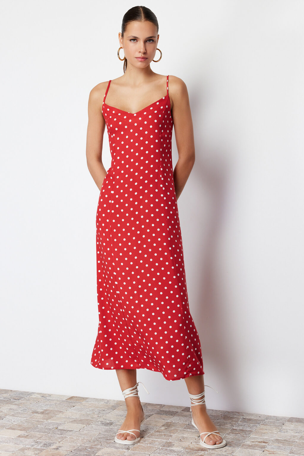 Trendyol Red Polka Dot A-Cut Back Tie Detailed Midi Woven Dress