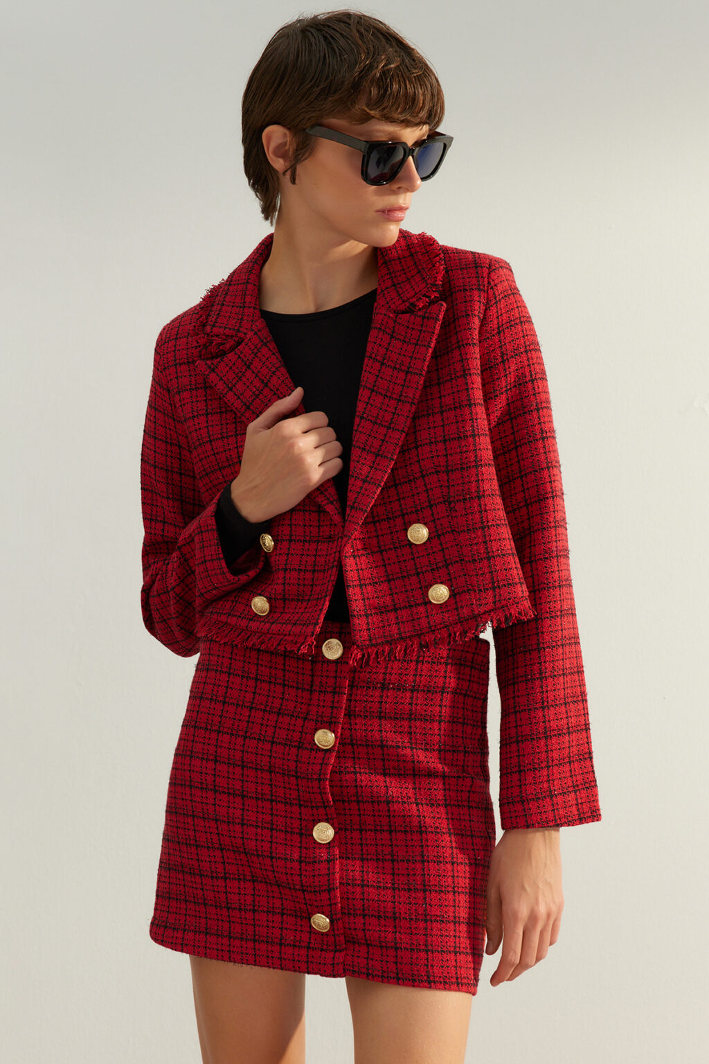 Trendyol Red Premium Regular Crop Woven Plaid Blazer Jacket