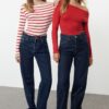 Trendyol Red-Red Striped Soft Touch/Soft Fabric Fitted Stretchy Knitted Blouse