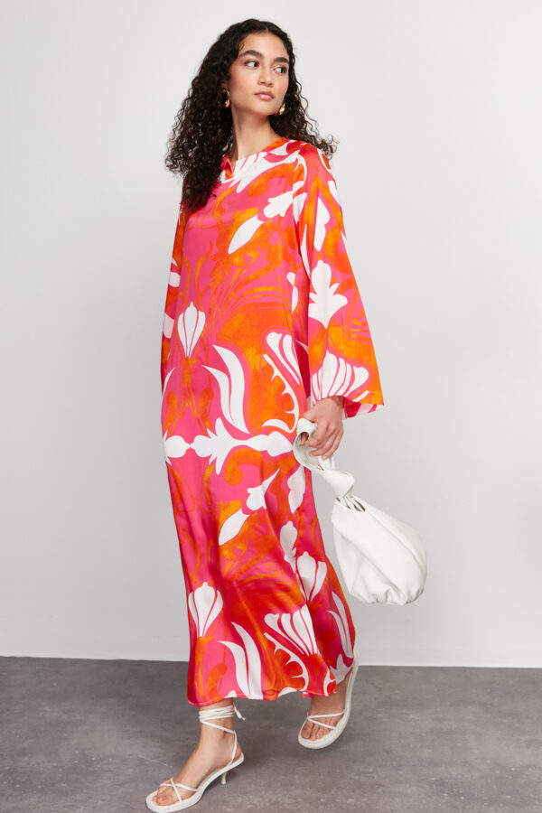 Trendyol Red Satin Ethnic Patterned Evening Jalabiya Dress