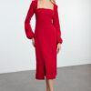 Trendyol Red Slit Square Collar Woven Dress