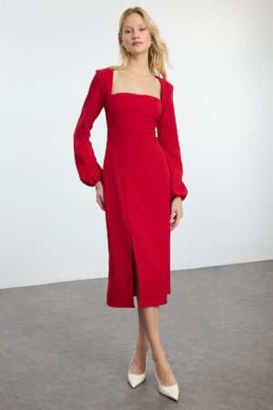 Trendyol Red Slit Square Collar Woven Dress
