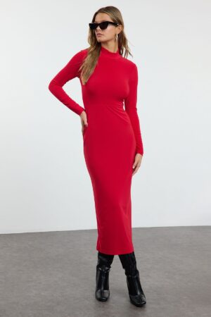 Trendyol Red Stand Collar Fitted/Fits Body Maxi Stretch Knit Dress