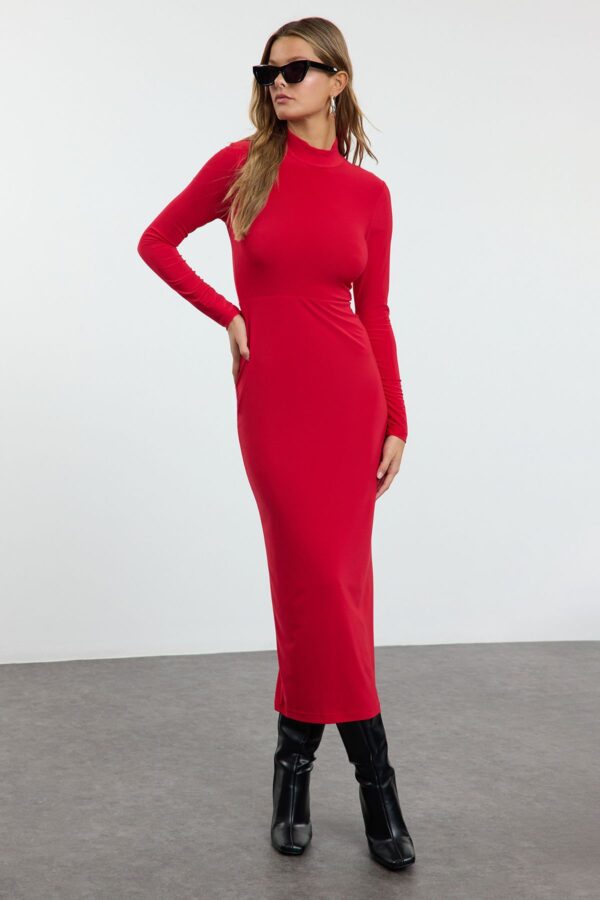 Trendyol Red Stand Collar Fitted/Fits Body Maxi Stretch Knit Dress