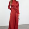Trendyol Red Stone Embroidered Woven Satin Evening Dress